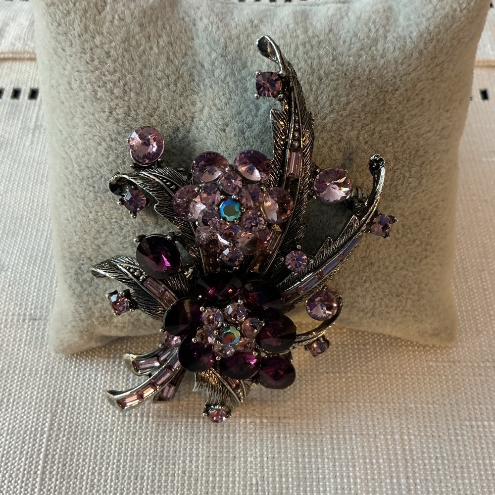 Amethyst Multi-Color Rhinestone Silver Tone Brooch and Pendant